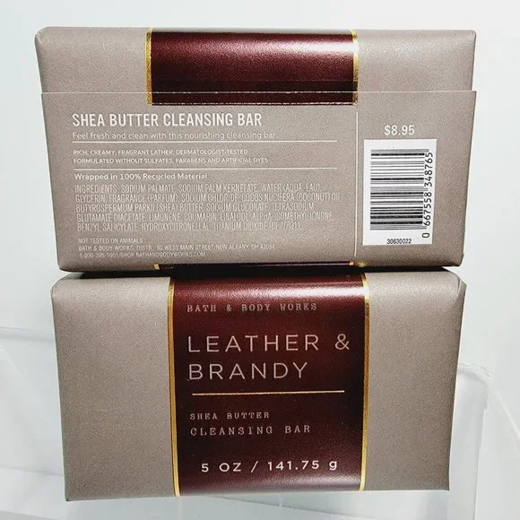 2 LEATHER & BRANDY Bath & Body Works Shea Butter Cleansing Body Bar Soap 5oz NEW - Picture 5 of 7